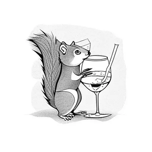 Very small, minimalist, cute and funny tattoo project of a funny cartoon squirrel with a glass of wine. tattoo design idea