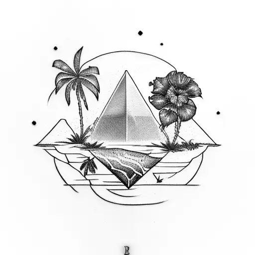 tattoo featuring a palm tree, a pyramid, a sunset, three hibiscus flowers, and the letter "L." tattoo design idea