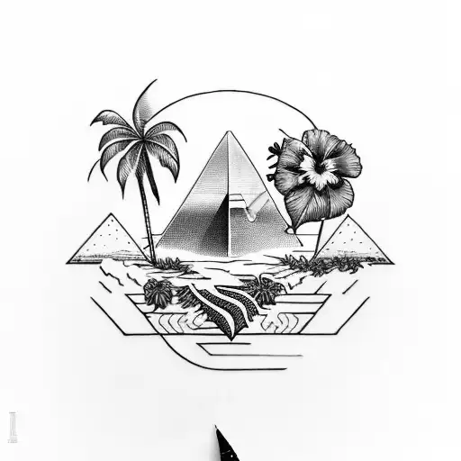 tattoo featuring a palm tree, a pyramid, a sunset, three hibiscus flowers, and the letter "L." tattoo design idea