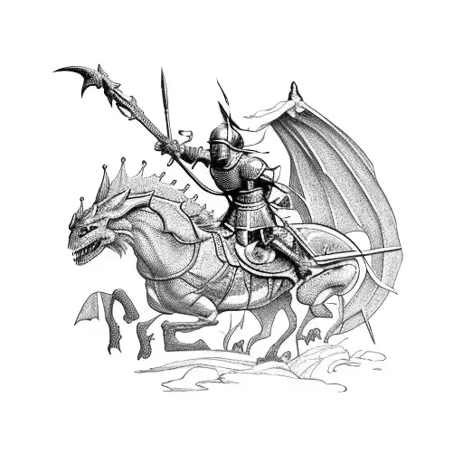 Saint George slaying a dragon in a futuristic cityscape tattoo design idea