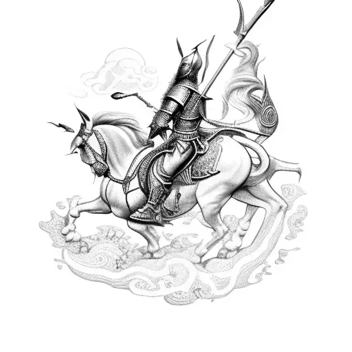 A dotwork tattoo of Saint George riding a horse, with intricate details highlighting the moment of dragon slaying tattoo design idea