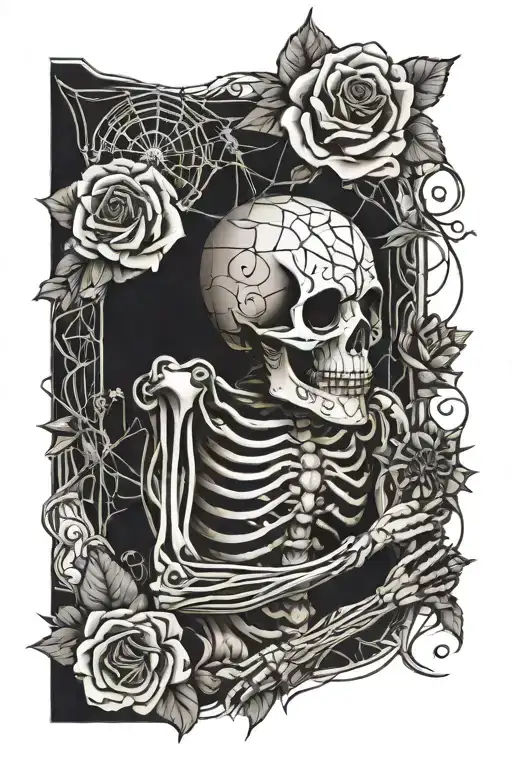 sleeve skeleton holding flowers spiders web tattoo design idea