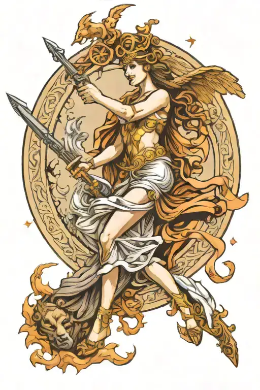 Design a Greek mythology style of tattoo like Athena Slaying The Giant, or Michael the Arch Angel casting Lucifer to Hel tattoo design idea