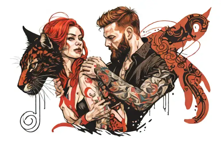 a woman Wicht redhead and a man with black short hair and beard hugging a cat tattoo design idea