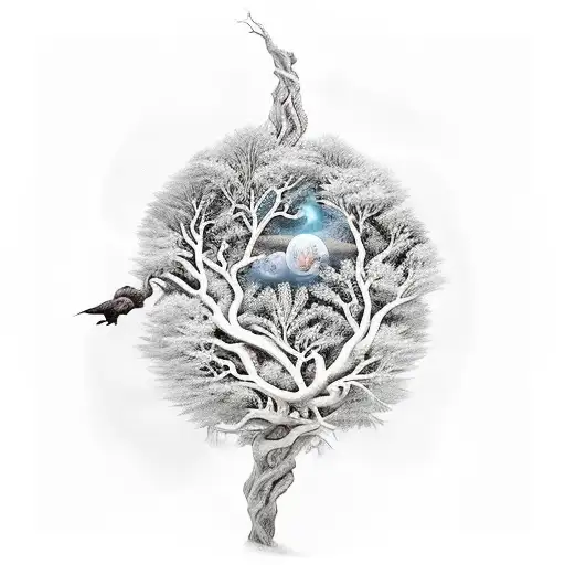 fantasy scenary with flying islands, fantasy animals, castle, amazing trees, stars, spase. tattoo design idea