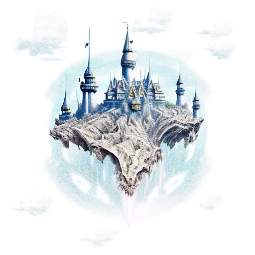 fantasy scenary with flying islands, fantasy animals, castles, stars, spase. tattoo design idea