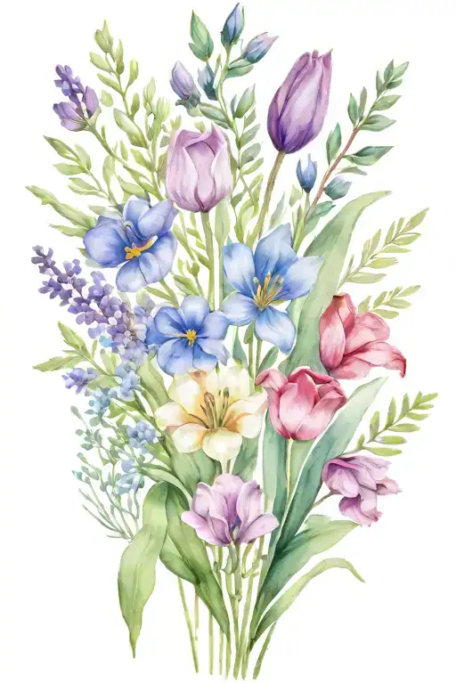 skinny minimalist wildflower bouquet including violets, lavender, sage and one tulip. show stems  tattoo design idea