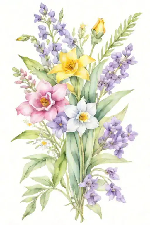 dainty and delicate loosely tied wildflower bouquet with sage, lavender, violets and  narcissus  tattoo design idea