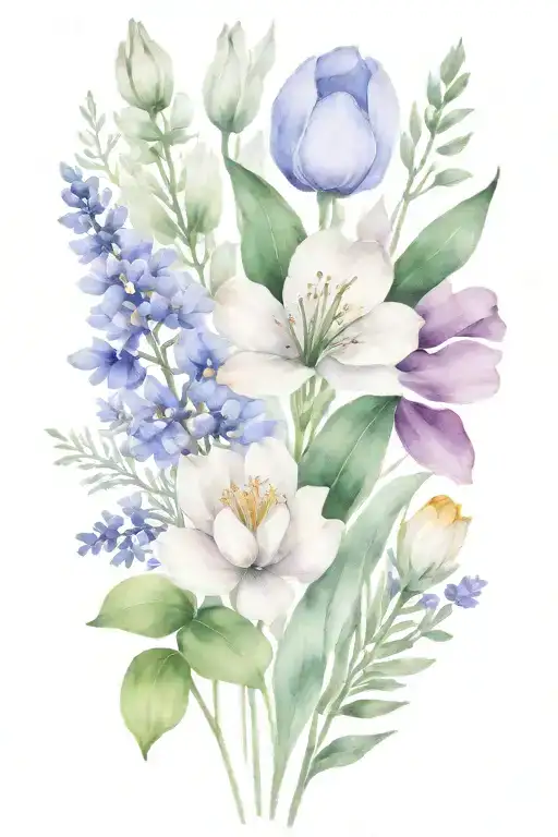 minimalist wildflower bouquet including violets, lavender, sage and one tulip. show stems  tattoo design idea