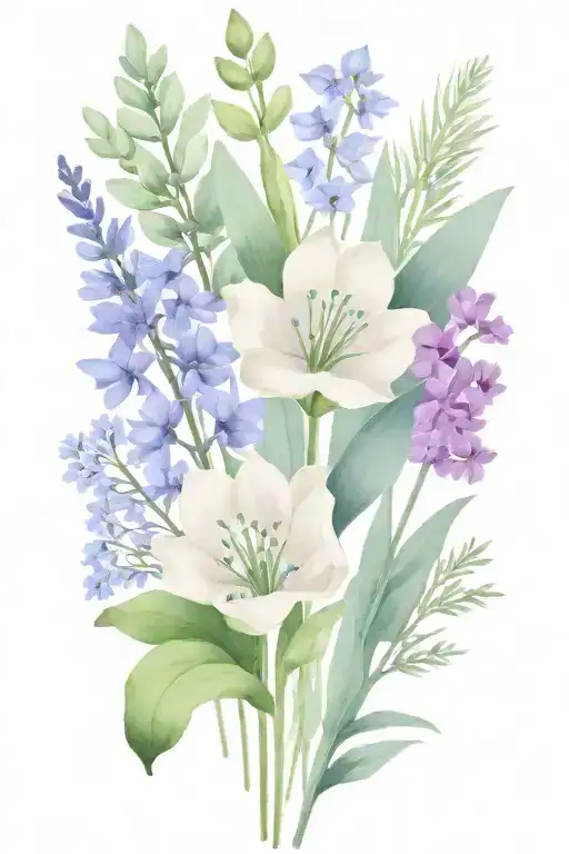 skinny minimalist wildflower bouquet including violets, lavender, sage and one tulip. show stems  tattoo design idea