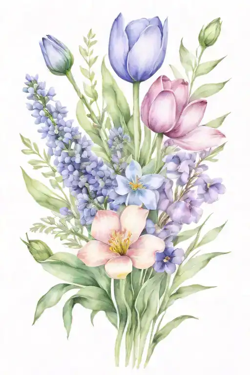 skinny minimalist wildflower bouquet including violets, lavender, sage and one tulip. show stems  tattoo design idea