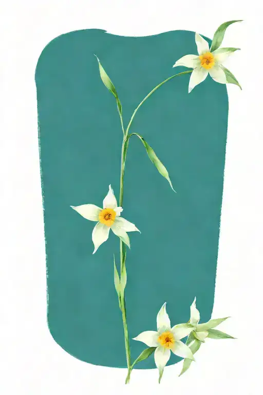 narcissus flower  violet flower lavender flower and sage flower bouquet with stems and minimal leaves  tattoo design idea