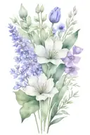 skinny minimalist wildflower bouquet including violets, lavender, sage and one tulip. show stems  tattoo design idea