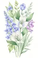 skinny minimalist wildflower bouquet including violets, lavender, sage and one tulip. show stems  tattoo design idea