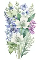 minimalist wildflower bouquet including violets, lavender, sage and one tulip. show stems  tattoo design idea