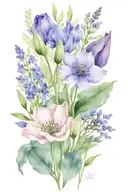 minimalist wildflower bouquet including violets, lavender, sage and one tulip. show stems  tattoo design idea