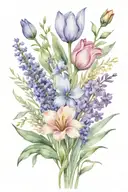 skinny minimalist wildflower bouquet including violets, lavender, sage and one tulip. show stems  tattoo design idea