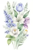 minimalist wildflower bouquet including violets, lavender, sage and one tulip. show stems  tattoo design idea
