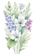 minimalist wildflower bouquet including violets, lavender, sage and one tulip. show stems  tattoo design idea