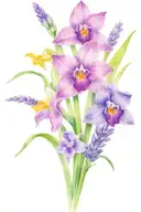 flower bouquet including violets, narcissus and lavender with additional geenery tattoo design idea