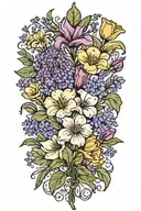 minimalist wildflower bouquet including violets, lavender, sage and one tulip. show stems  tattoo design idea