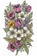 minimalist wildflower bouquet including violets, lavender, sage and one tulip. show stems  tattoo design idea