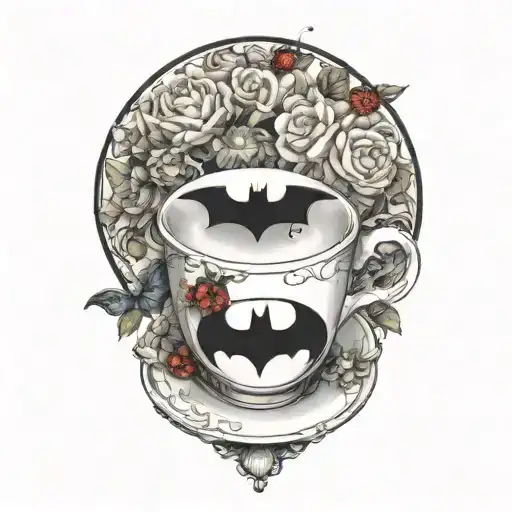 batman symbol and a ladybug perched atop a tea cup tattoo design idea