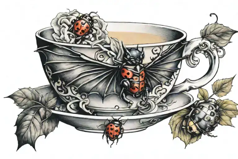 batman symbol with a ladybug sitting on a teacup tattoo design idea