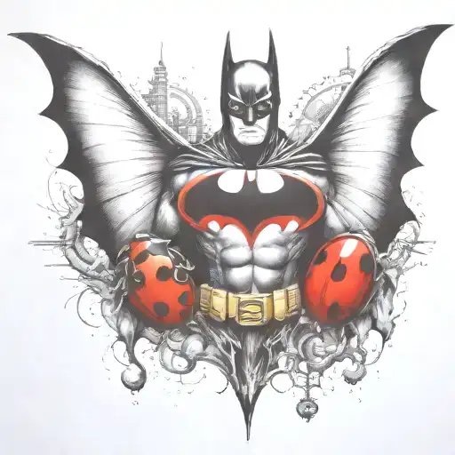 batman symbol with one  ladybug perched atop tattoo design idea