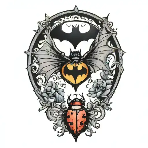 batman symbol and a ladybug perched tattoo design idea