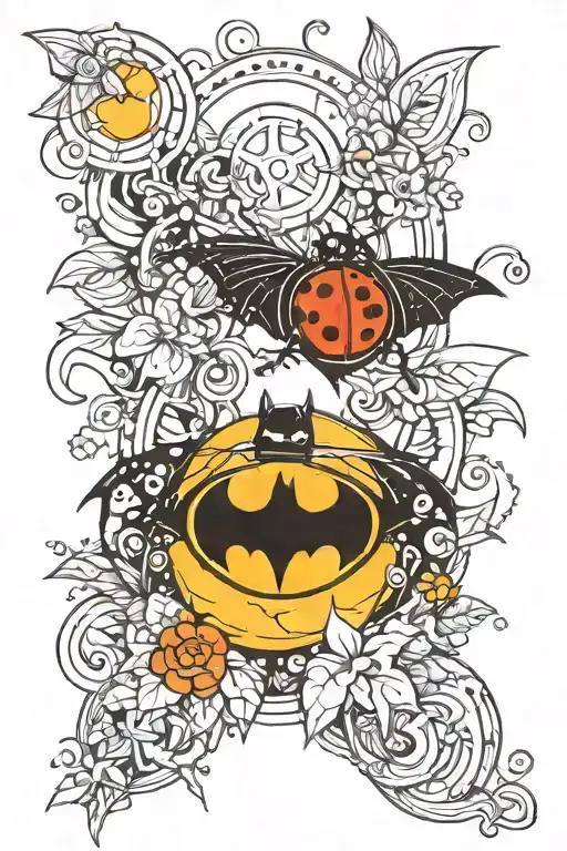 batman symbol with a ladybug resting tattoo design idea