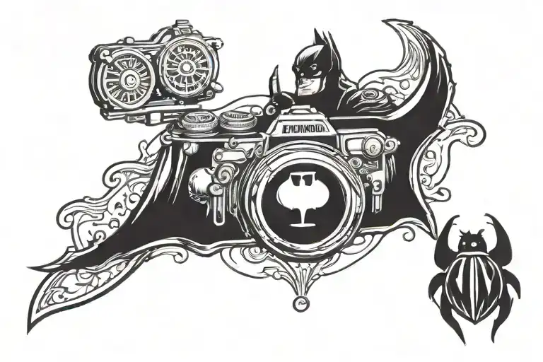 batman logo and a ladybug sitting on top view though camera lens tattoo design idea