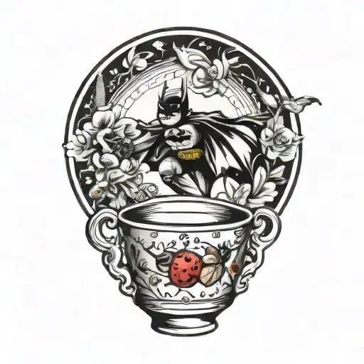 batman symbol and a ladybug perched atop a tea cup tattoo design idea