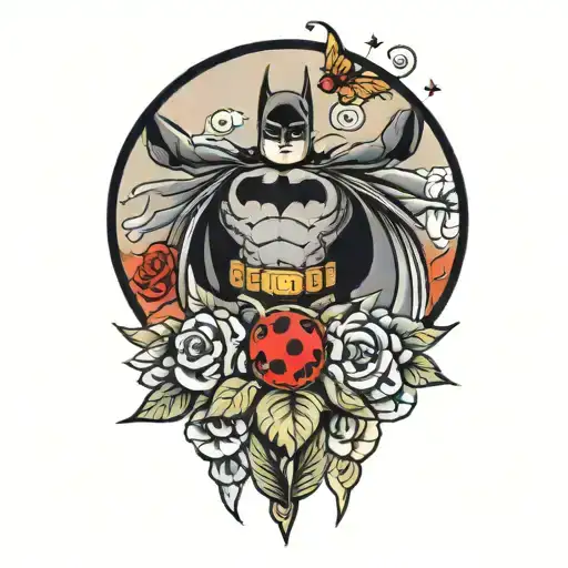 batman symbol and a ladybug perched atop tattoo design idea