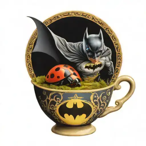 batman symbol and a ladybug perched atop a tea cup tattoo design idea