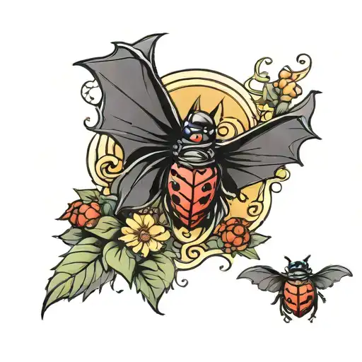 batman logo and a ladybug sitting on top tattoo design idea
