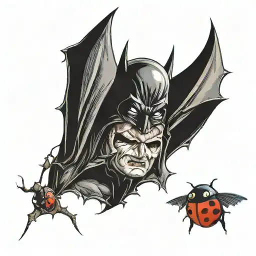 batman symbol with a ladybug resting arms and head tattoo design idea