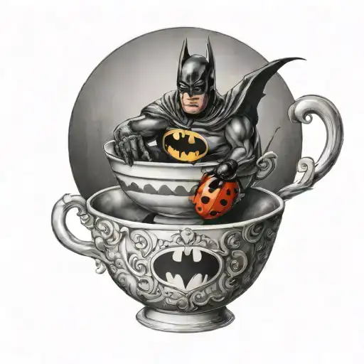 batman symbol with a ladybug sitting on a teacup tattoo design idea