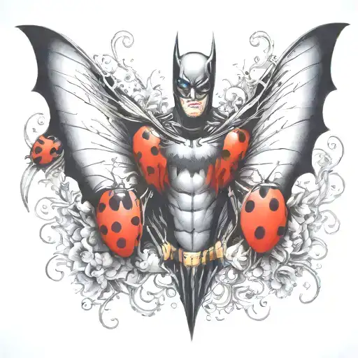 batman symbol with one  ladybug perched atop tattoo design idea
