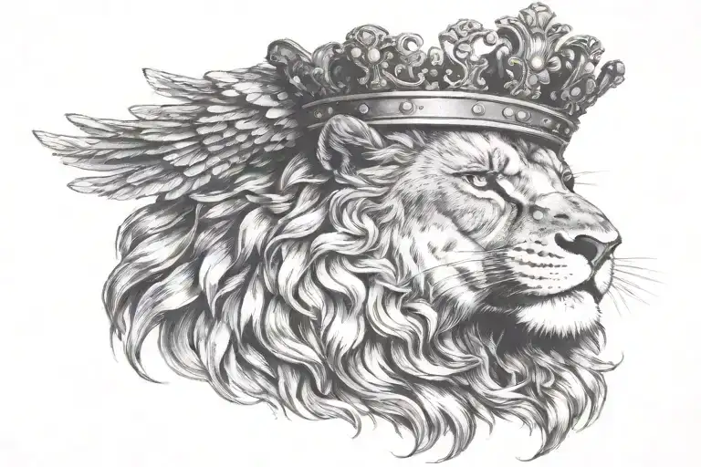 lion wearing a crown with a large eagle behind with open wings tattoo design idea