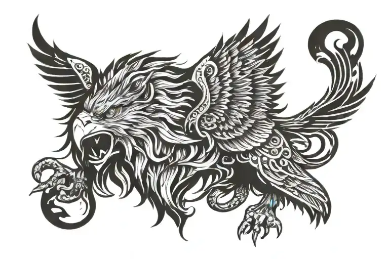 eagle in the middle and a lion should be facing forward, with a determined and strong gaze Sun rays should surround both tattoo design idea
