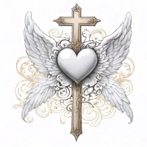 cross with heart in the middle and angel wings  tattoo design idea