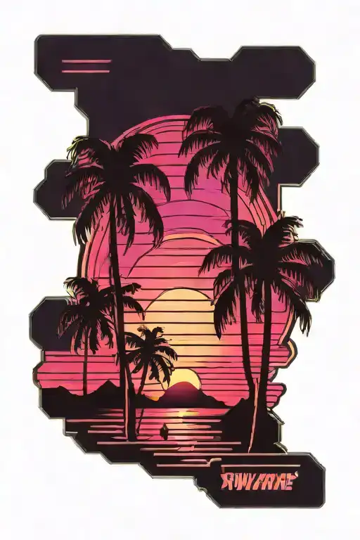 synthwave art, palms, sunset, neon lights tattoo design idea