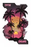 synthwave art, palms, sunset, neon lights tattoo design idea
