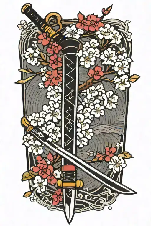 Japanese Katana sword in front of Japanese Koto with cherry blossoms in background  tattoo design idea