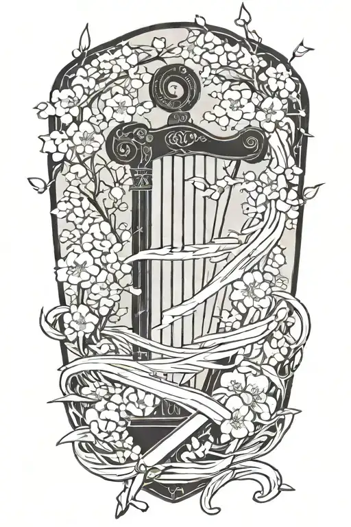 sword and harp with cherry blossoms falling tattoo design idea