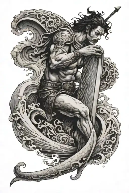 warrior playing harp with tsunami carshing in background tattoo design idea