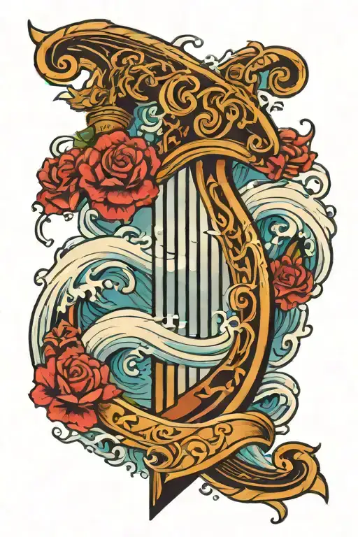Sword and Harp in tsunami waves tattoo design idea