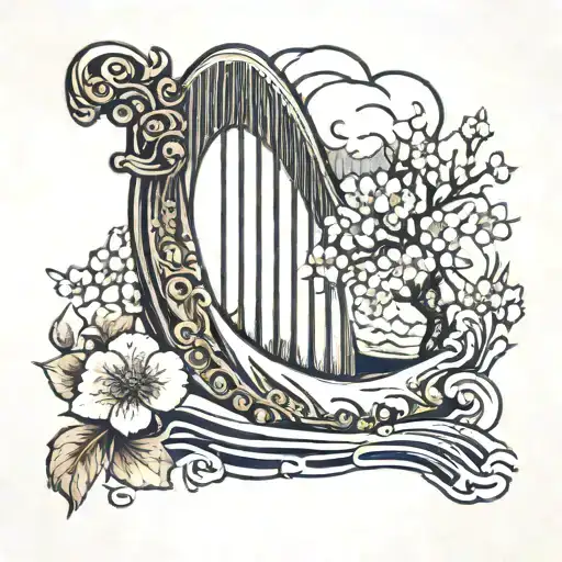 harp in front of crashing tsunami wave with cherry blossoms tattoo design idea