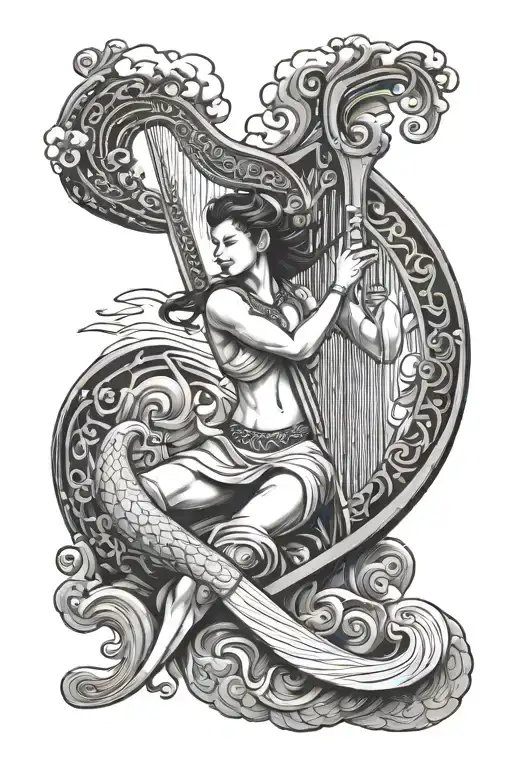 warrior playing harp with tsunami in background tattoo design idea